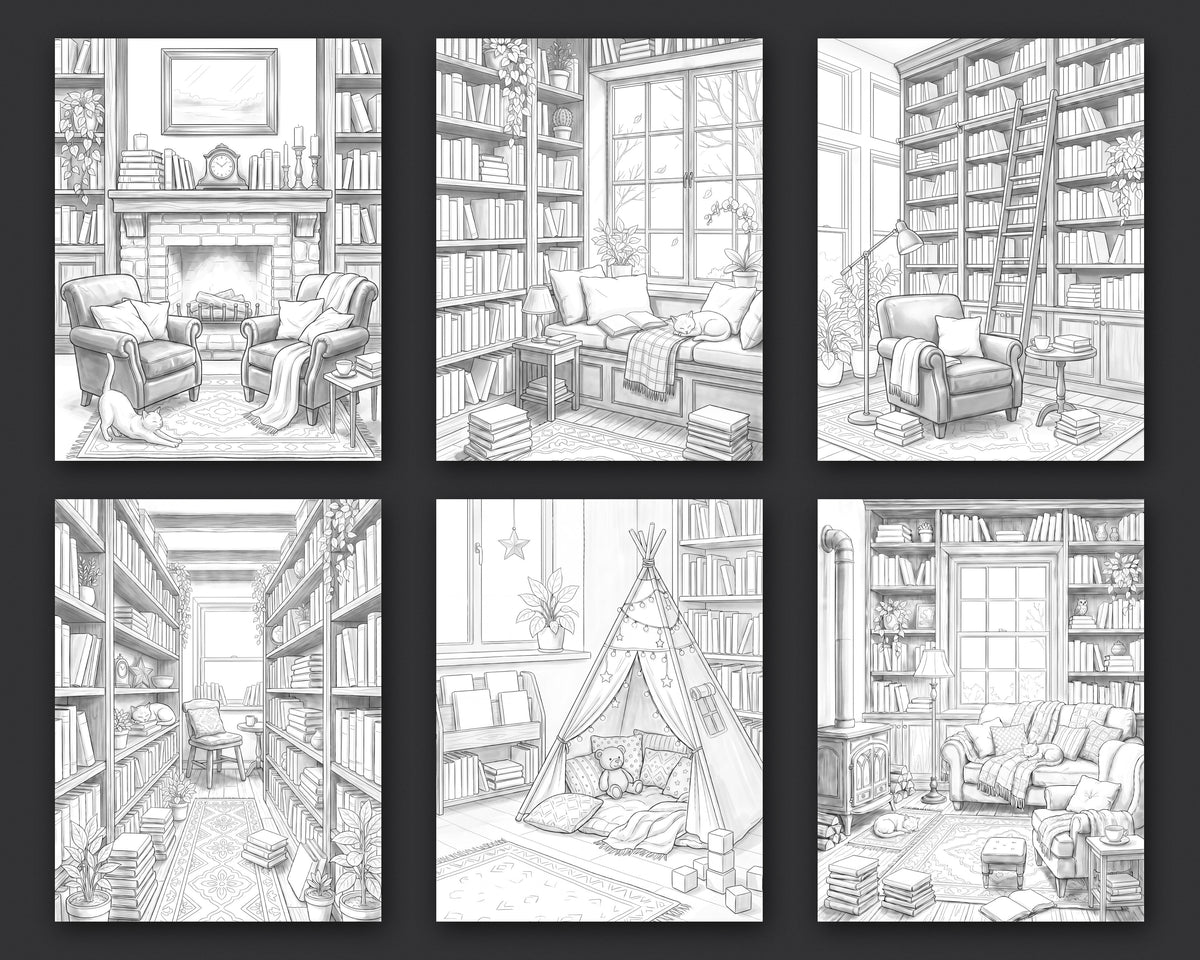 40 Cozy Bookshelves and Reading Nooks Grayscale and Line Art Coloring Pages