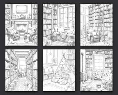 40 Cozy Bookshelves and Reading Nooks Grayscale and Line Art Coloring Pages