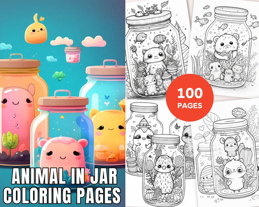 100 animales en tarro para colorear, páginas para colorear imprimibles para niños y adultos, archivo PDF imprimible descarga instantánea