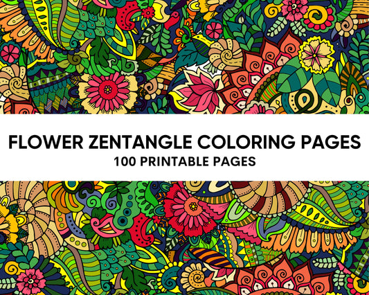100 Printable Flower Zentangle Coloring Pages for Adults Anxiety Relief and Relaxation, Printable PDF File Instant Download