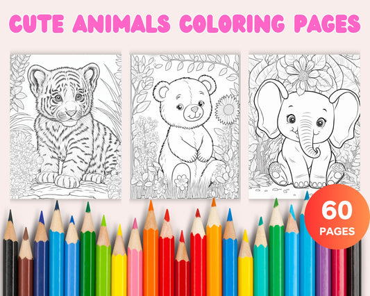 60 Cute Animals Printable Coloring Pages for Kids, Printable PDF File Instant Download - raspiee
