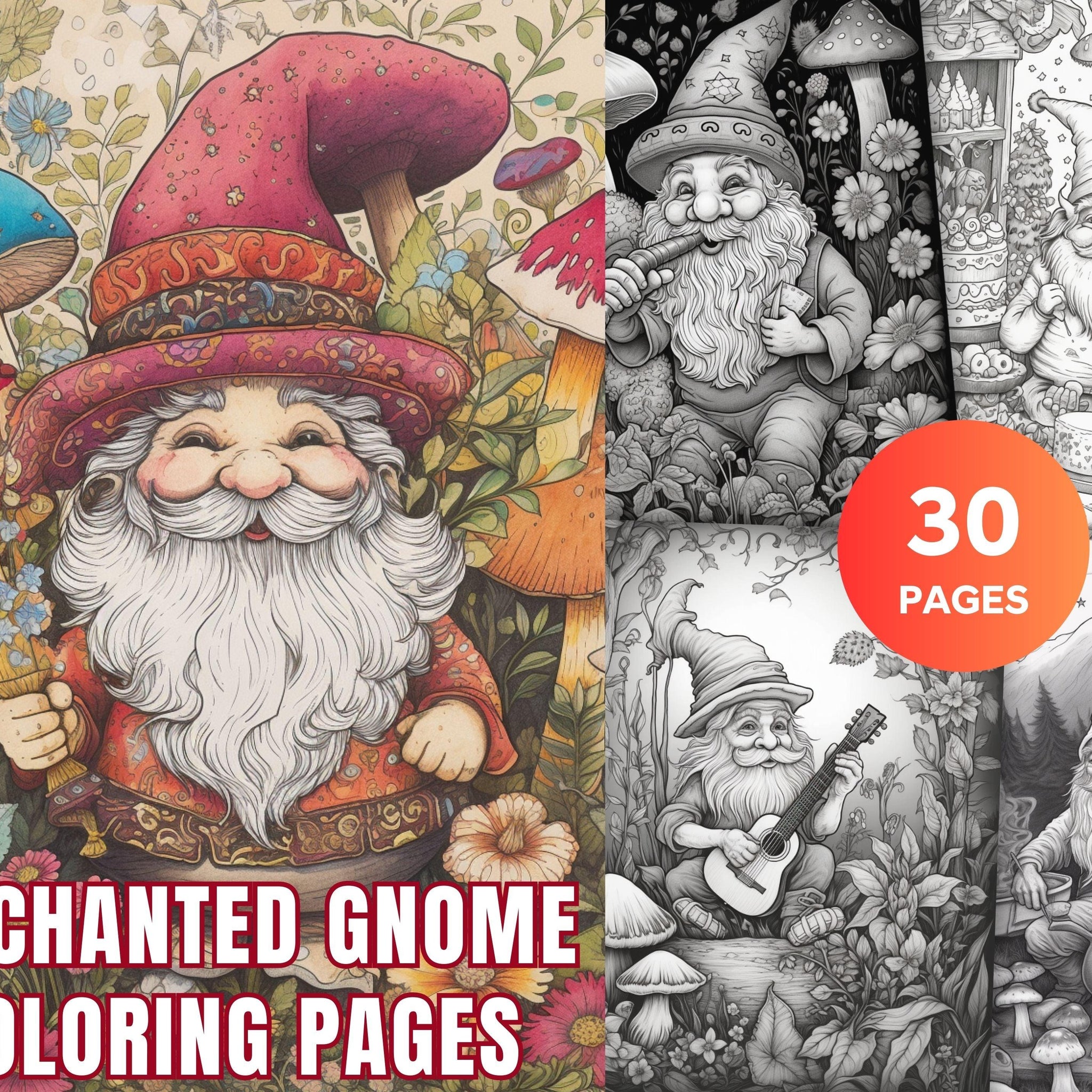 30 Enchanted Gnome Coloring Pages Printable for Adults, Grayscale Colo