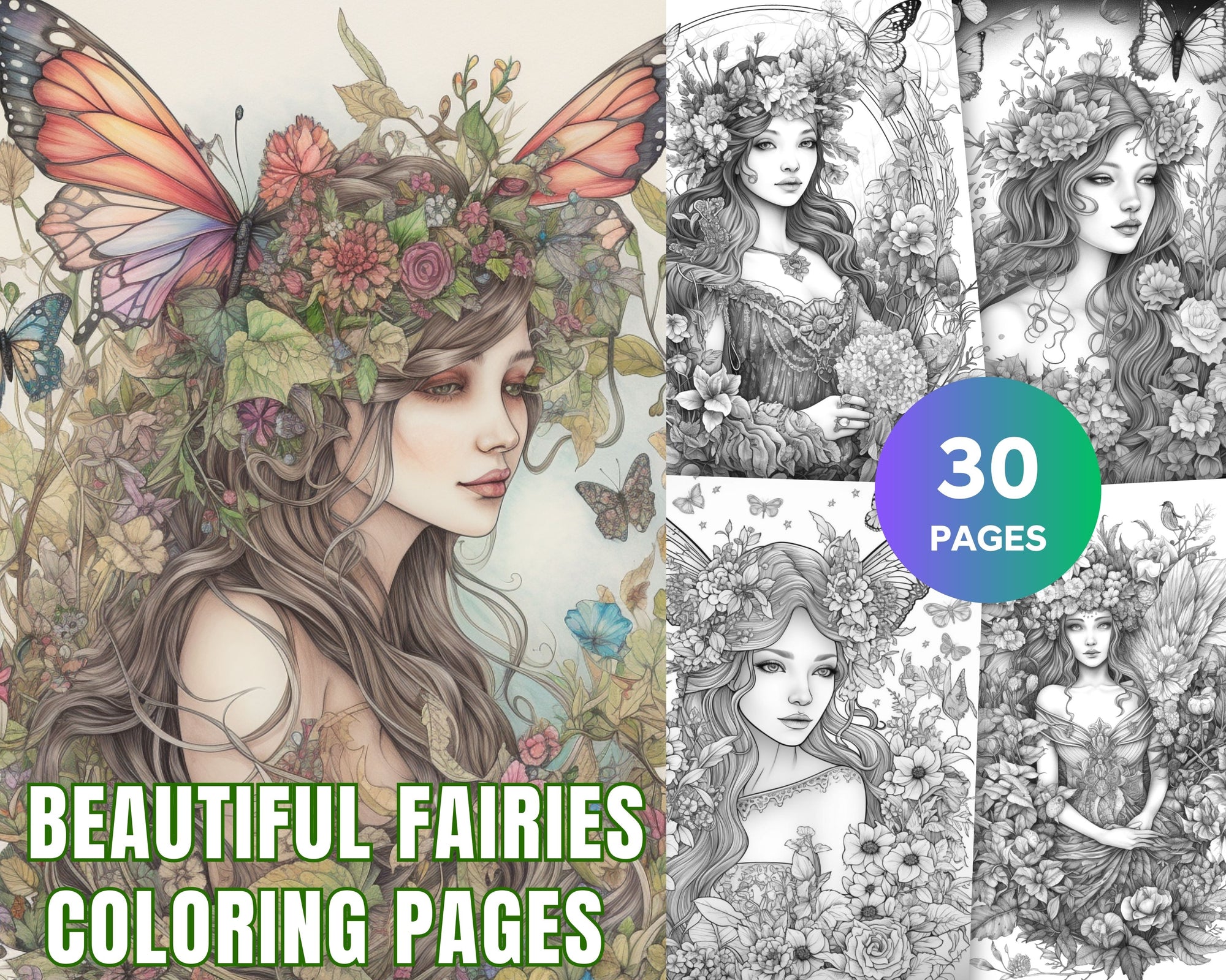 30 Beautiful Fairies Coloring Page Book for Adults, Flower Fairy Grays