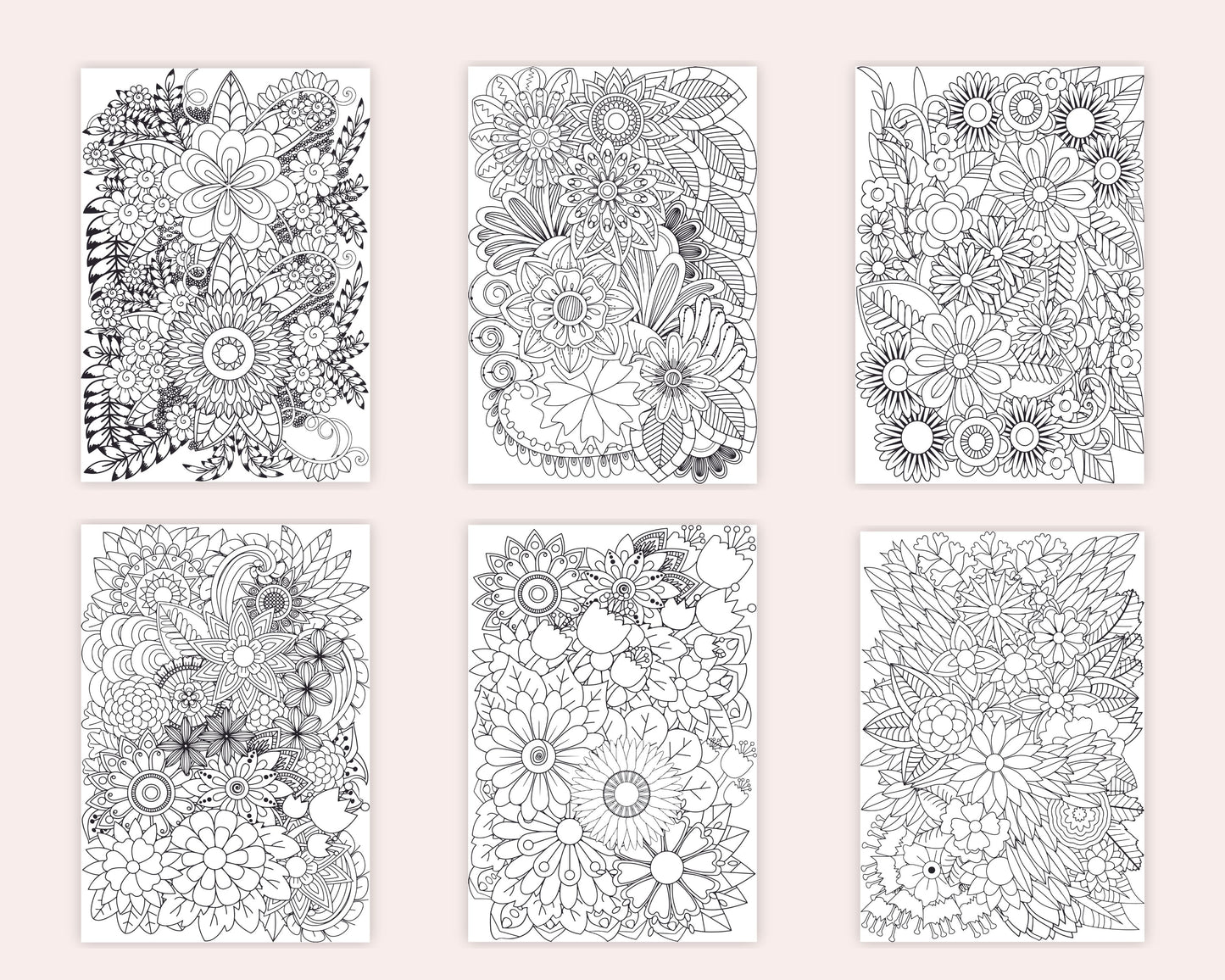 100 páginas para colorear de Zentangle de flores imprimibles para adultos alivio de la ansiedad y relajación, archivo PDF imprimible descarga instantánea