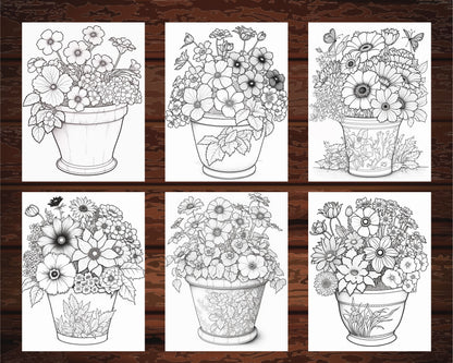 50 Printable Flower Pot Coloring Pages for Adults and Kids, Printable PDF File Instant Download - raspiee