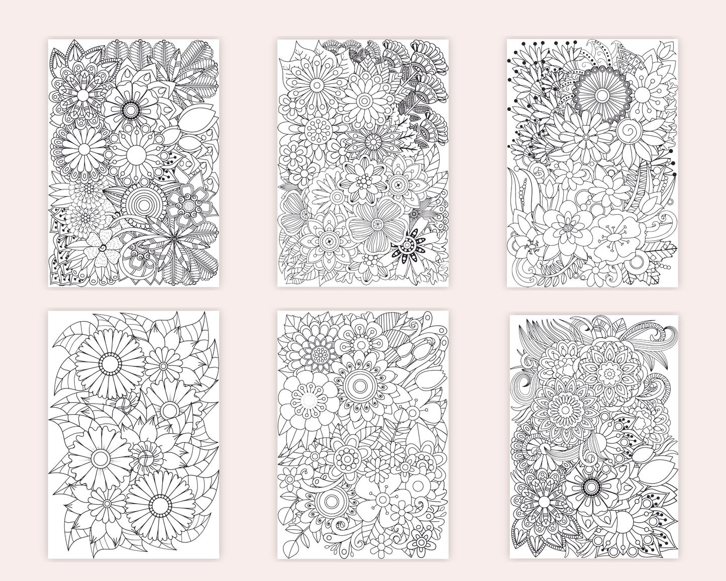 100 páginas para colorear de Zentangle de flores imprimibles para adultos alivio de la ansiedad y relajación, archivo PDF imprimible descarga instantánea