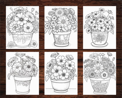 50 Printable Flower Pot Coloring Pages for Adults and Kids, Printable PDF File Instant Download - raspiee